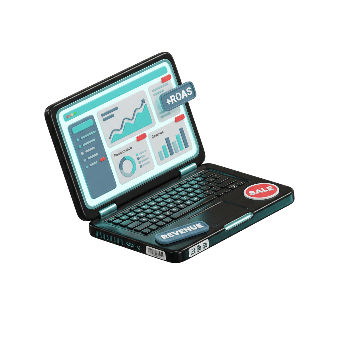 Laptop 3D con metricas de performance, revenue y ROAS